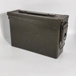 Vintage Green Metal Ammo Storage Box With Handle & Latch Closure